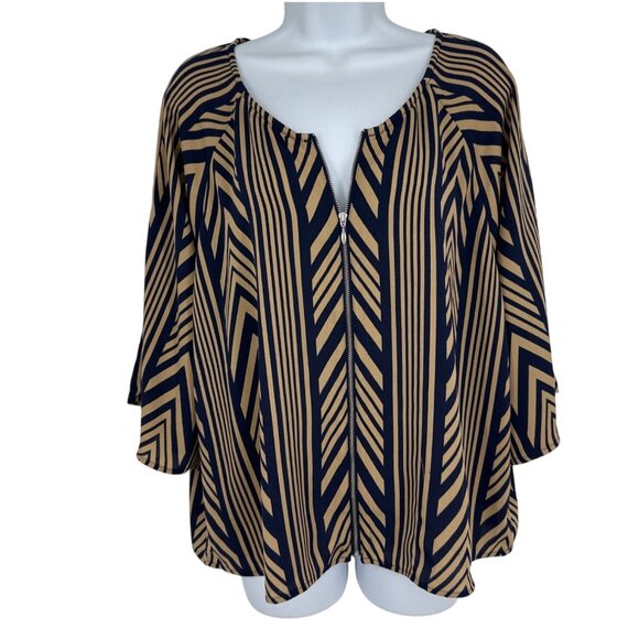Chico's Chevron Print Navy & Beige  Zip Front 3/4 Sleeves Blouse Size 2 US L - Picture 1 of 9